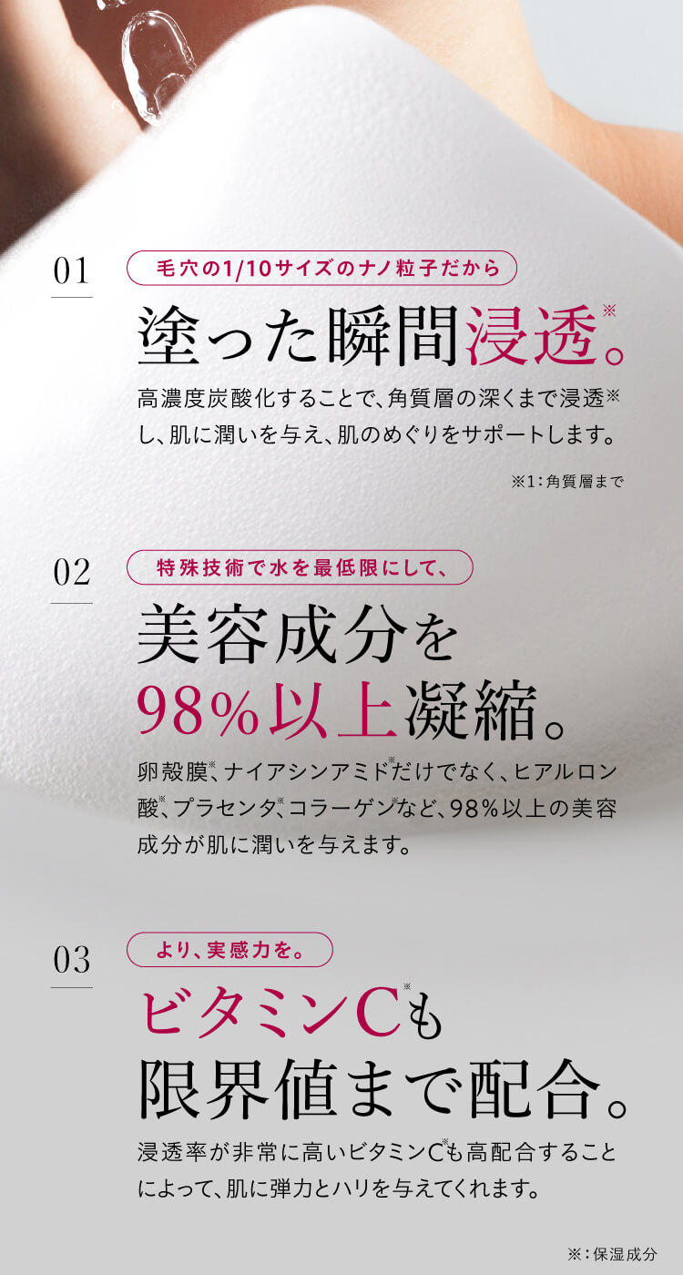 塗った瞬間浸透。美容成分を98％以上凝縮。ビタミンCも限界値まで配合。