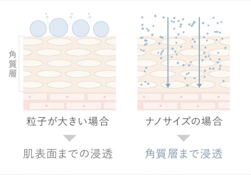 粒子が大きい場合は肌表面まで、ナノサイズの場合は角質層まで届くことを示した図
